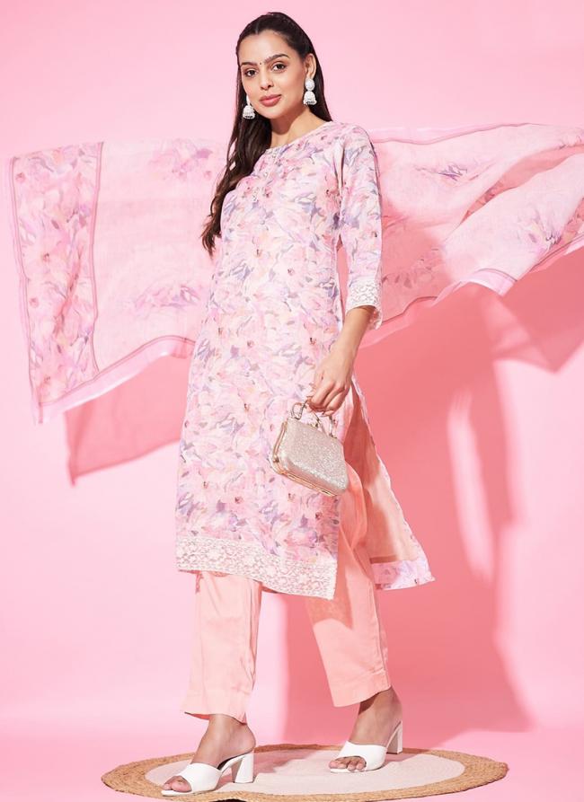 Linen Cotton Baby Pink Casual Wear Digital Print Readymade Kurti With Bottom